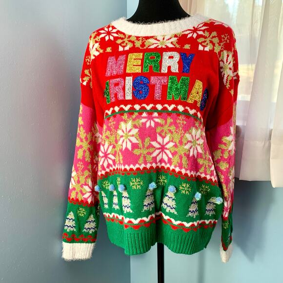 Holiday Time "Merry Christmas" Ugly Christmas Sweater Size Large - Picture 5 of 7